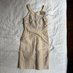 Linen Cream Colored Anthropologie Dress w/ Embroidery
